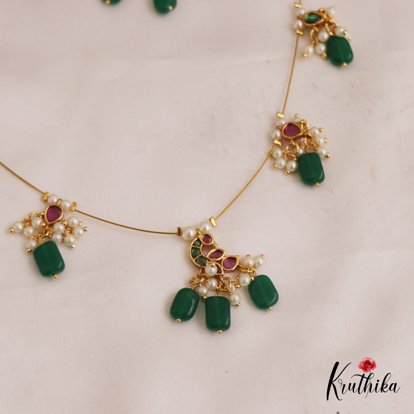 Classic Peacock Motifs Jadau Invisible Chain With Green Bead Drops NC2752