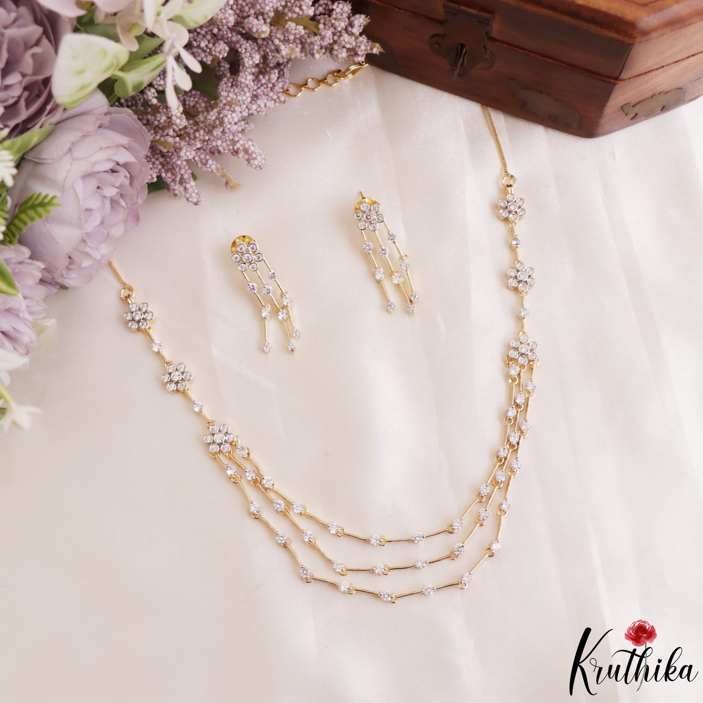 Elegant Floral Motifs Multi Layered Gold-Tone AD Necklace NC3168
