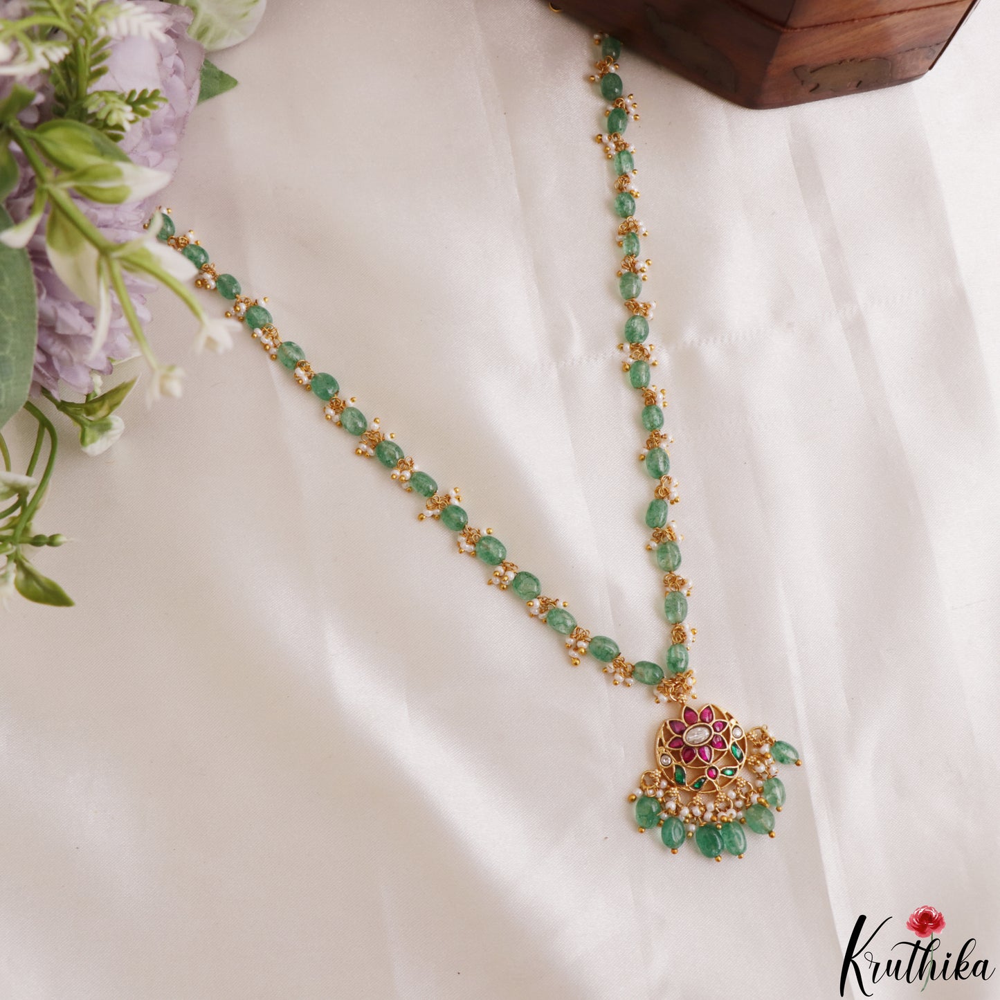Pretty Floral Motifs Green Bead Mala With Jadau Pendant NC3197