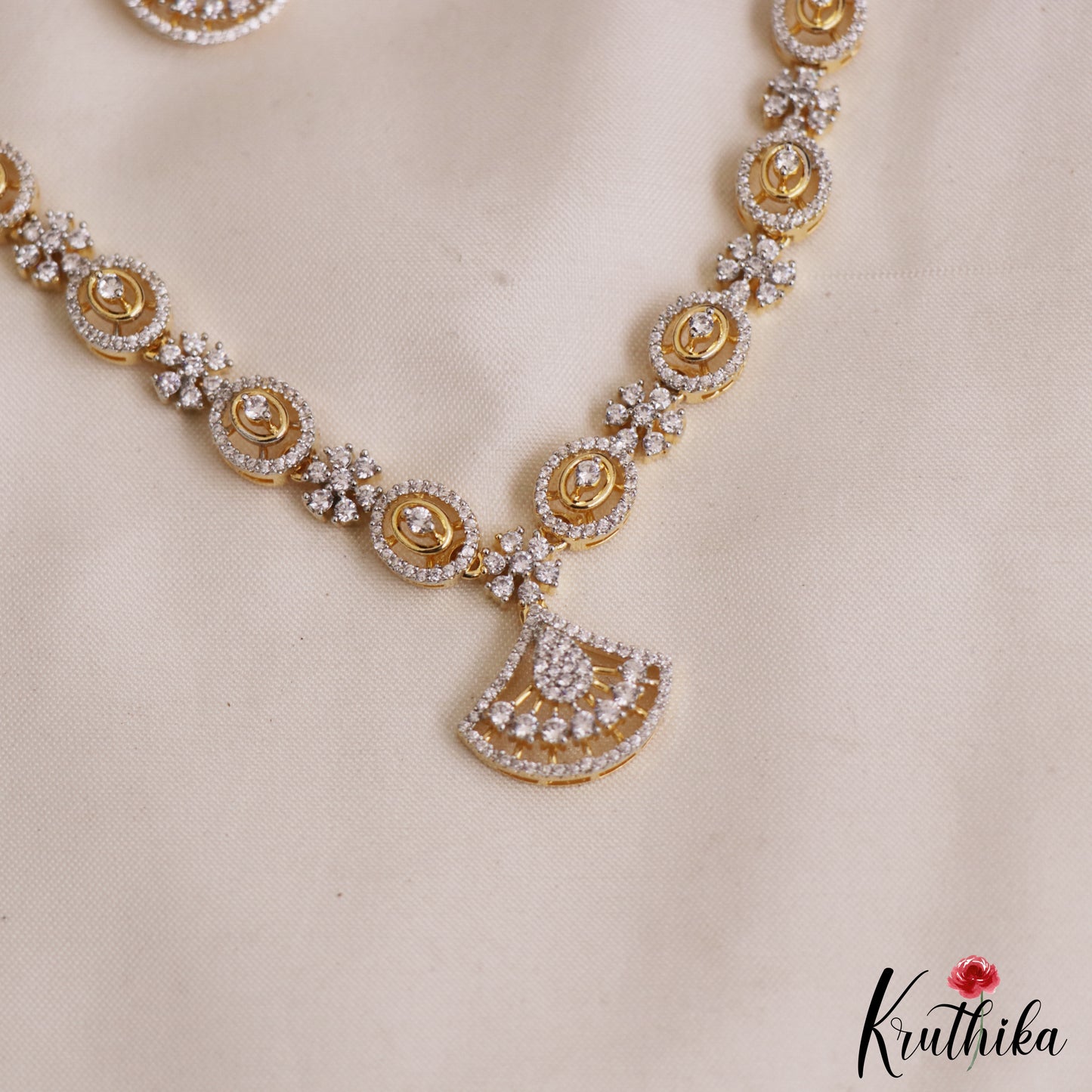 Elegant Floral Diamond-Finish Gold-Tone AD Necklace NC2916
