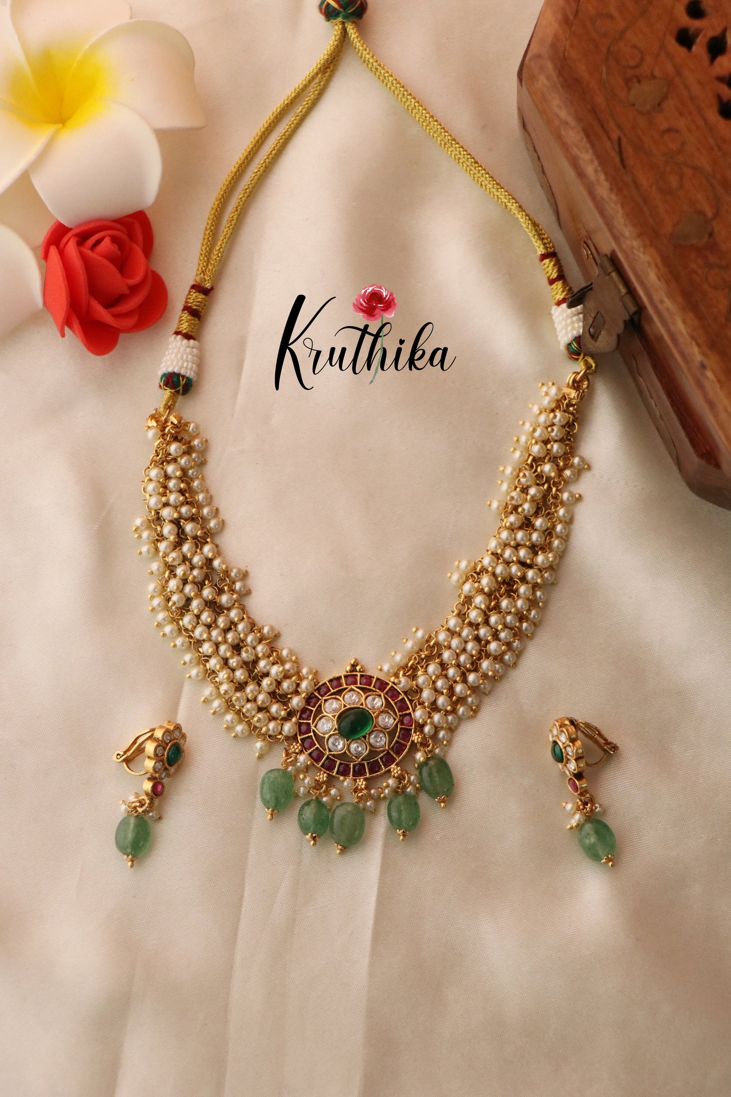 Pretty White Pearls Kempu Necklace with Green Beads NC1309
