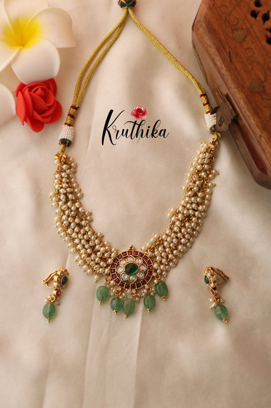Pretty White Pearls Kempu Necklace with Green Beads NC1309