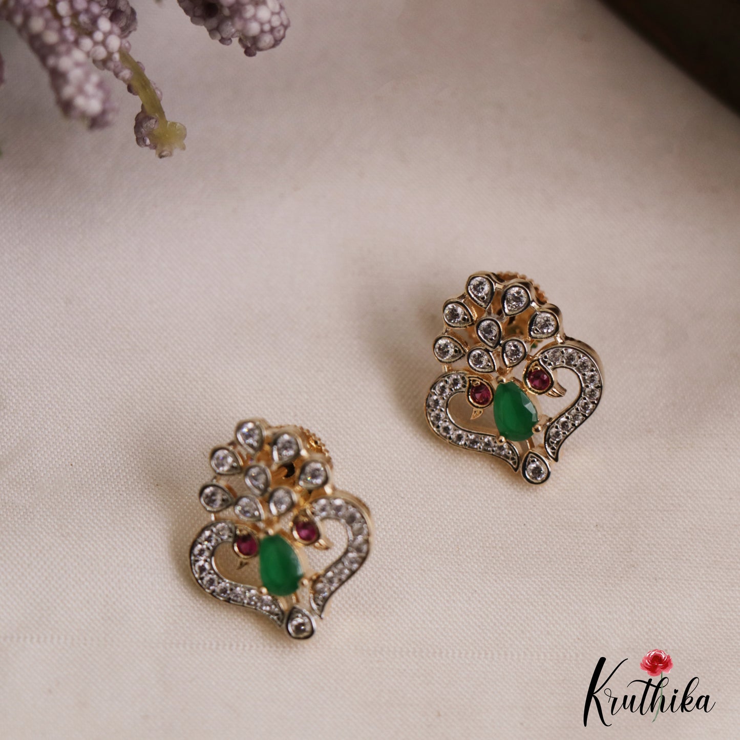 Elegant Peacock Motifs AD Stud Earrings E1123 (Available In 2 Colors)