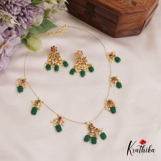 Classic Peacock Motifs Jadau Invisible Chain With Green Bead Drops NC2752