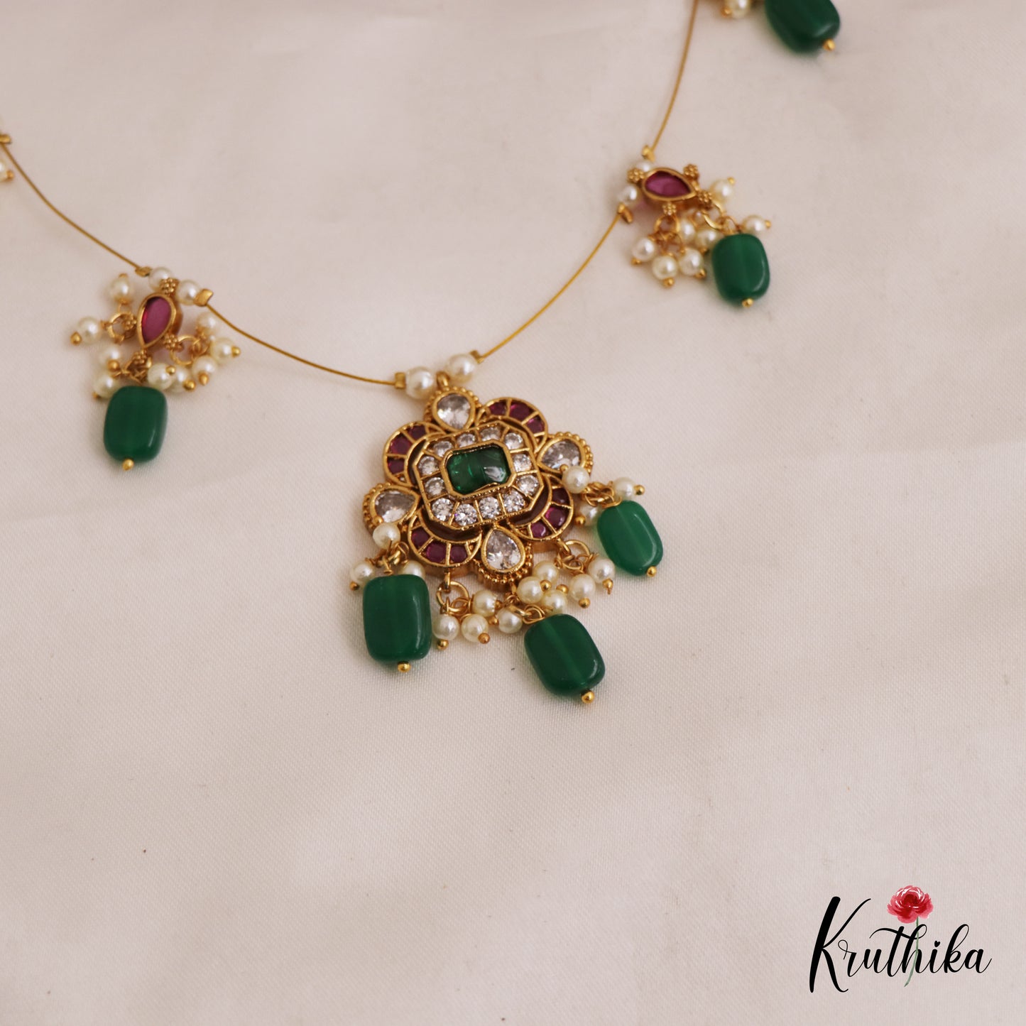 Trendy Floral Motifs Jadau Invisible Chain With Green Bead Drops NC2742