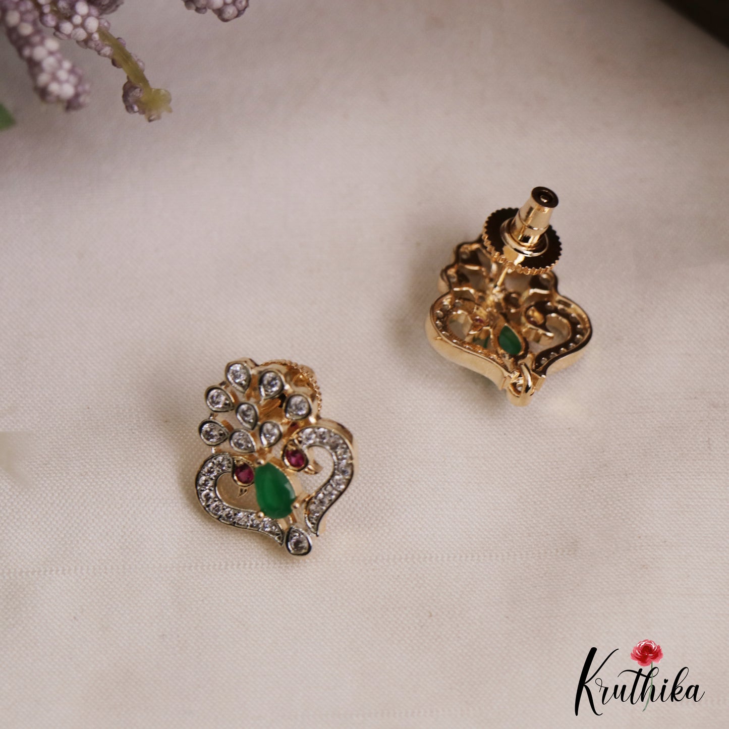 Elegant Peacock Motifs AD Stud Earrings E1123 (Available In 2 Colors)