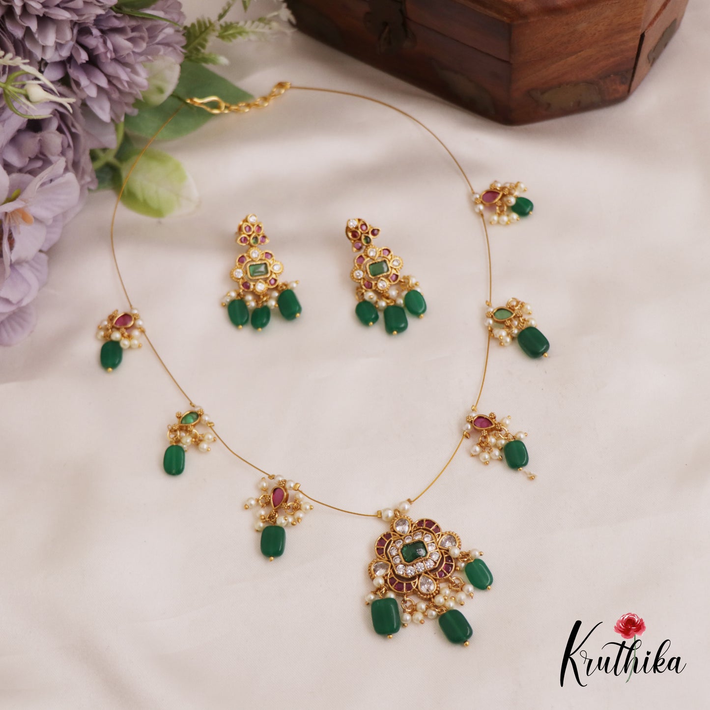 Trendy Floral Motifs Jadau Invisible Chain With Green Bead Drops NC2742