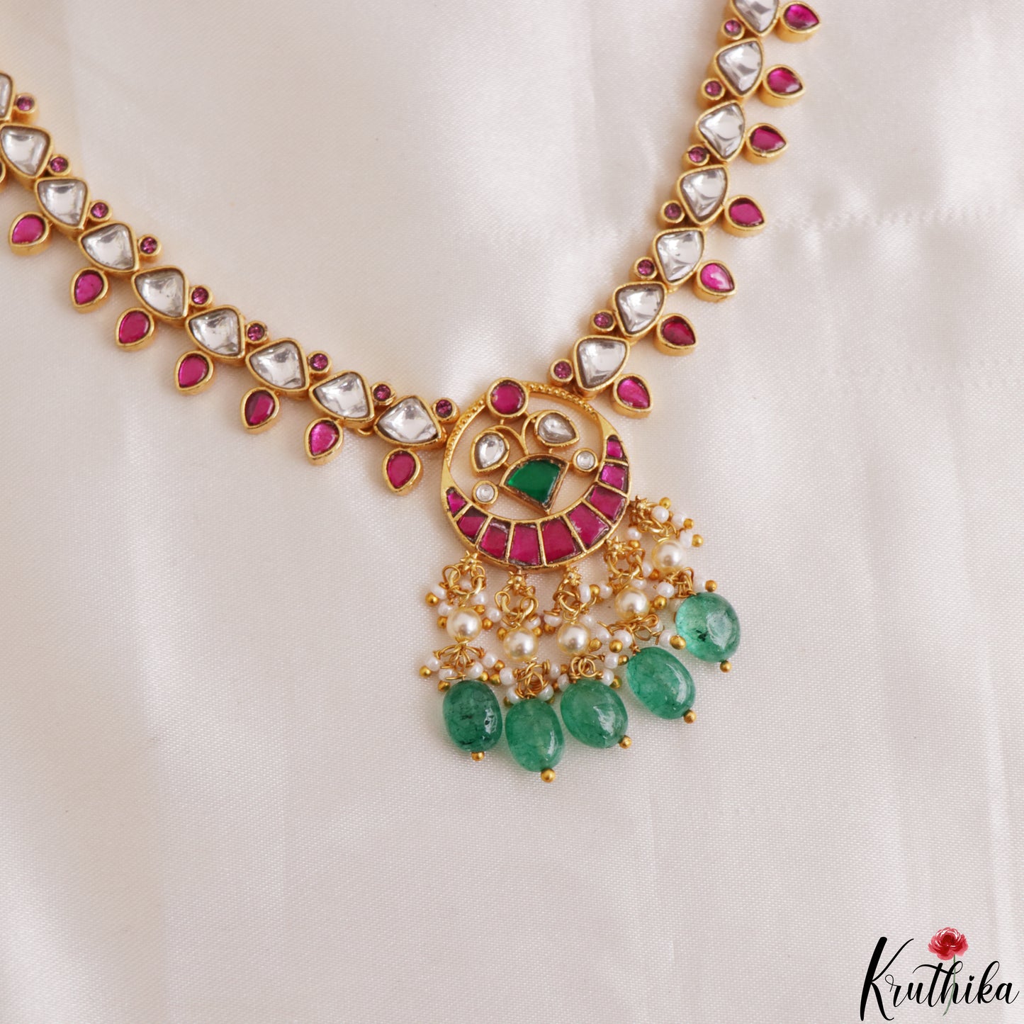 Classic Teardrop Motifs Polki Jadau Necklace With Green Bead Drops NC3198