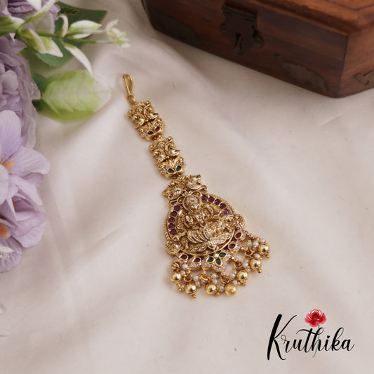 Traditional Lakshmi Maang Tikka With Pearl And Bead Drops MT332 (Available In 2 Colors)