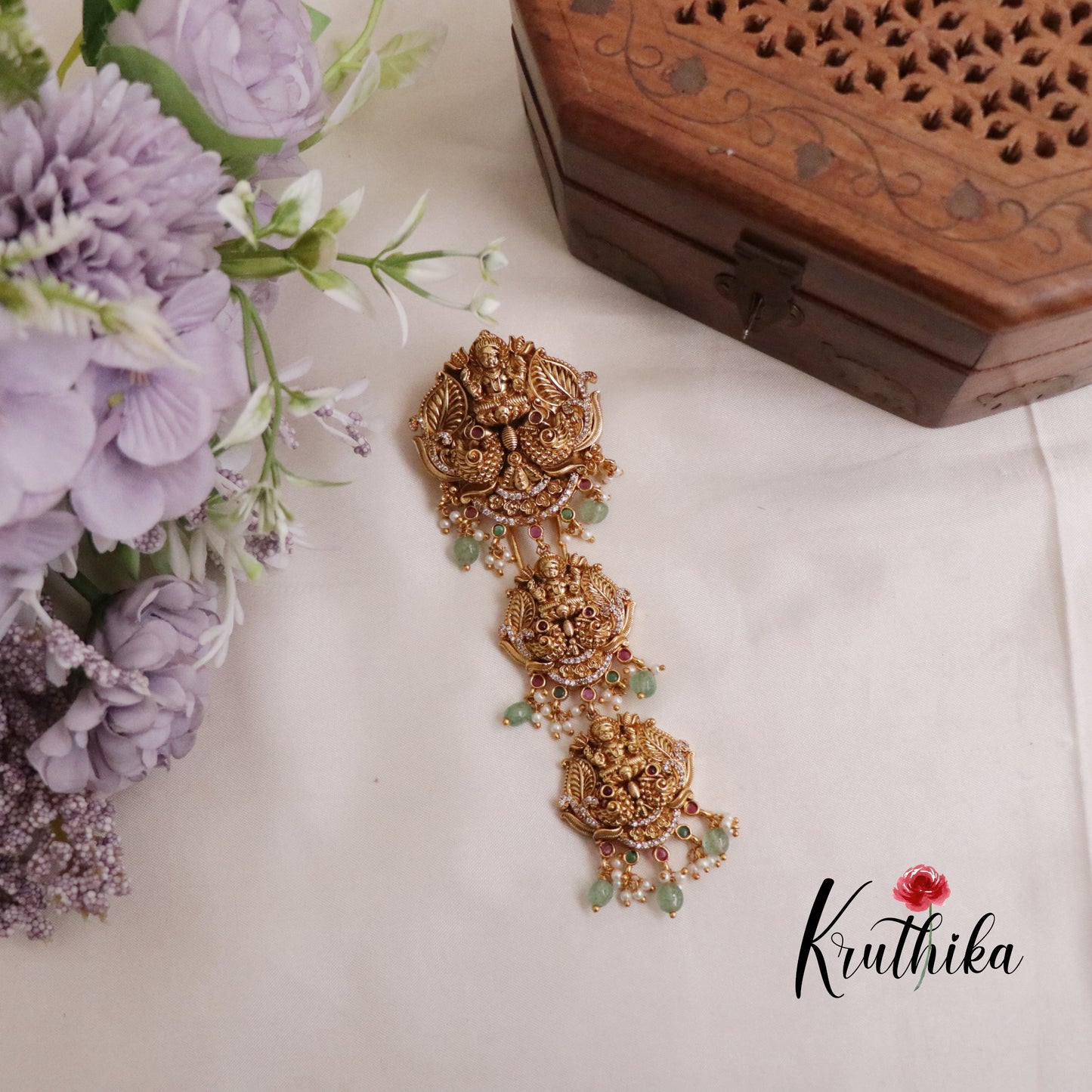Grand Temple Lakshmi Jada Billa with Pastel Green Bead Drops J155
