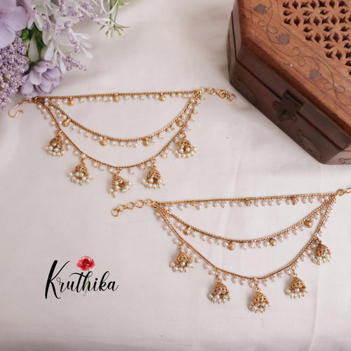 Beautiful Three Layer Pearls Jhumkas Drops Earchains E522