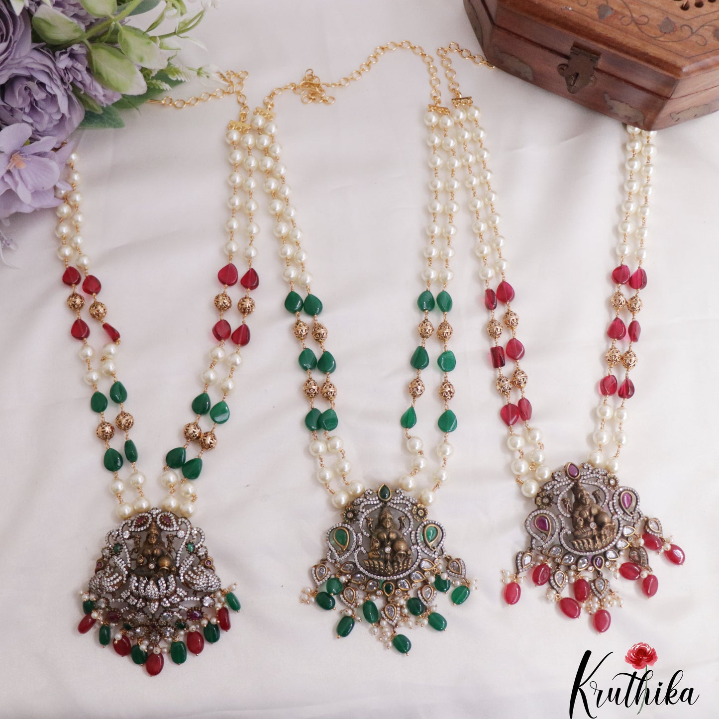 Trendy Temple Lakshmi Pearl Long Haaram with Beads Drops LH1978