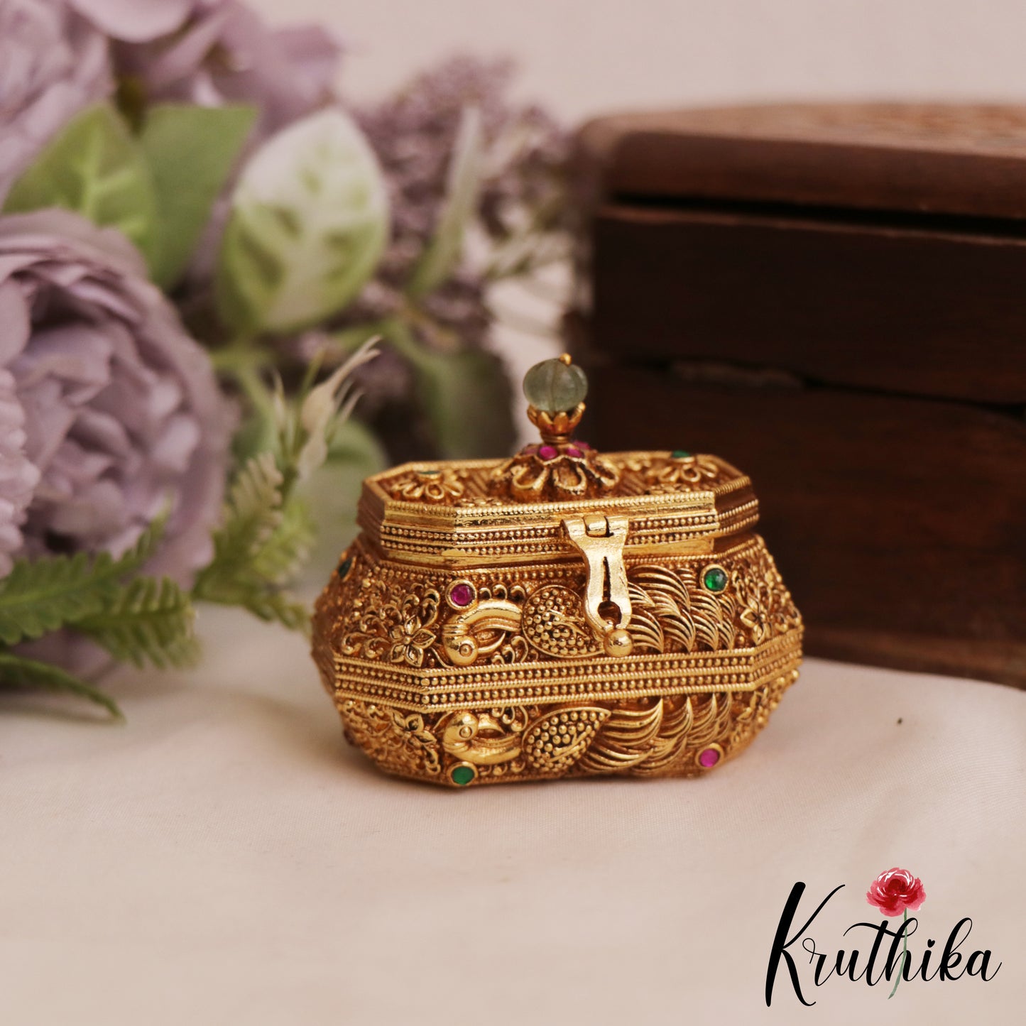 Classic Antique Floral Peacock Motifs Kumkum Box K24