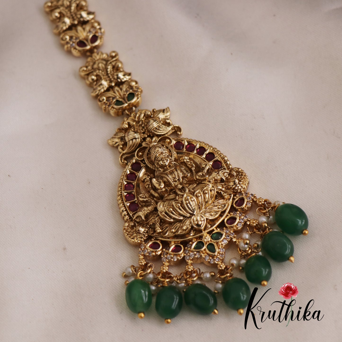Traditional Lakshmi Maang Tikka With Pearl And Bead Drops MT332 (Available In 2 Colors)