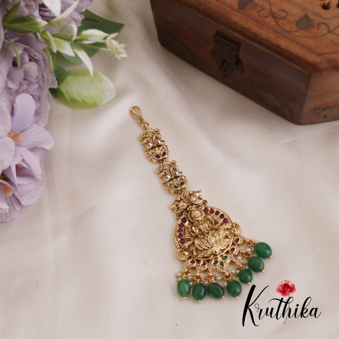 Traditional Lakshmi Maang Tikka With Pearl And Bead Drops MT332 (Available In 2 Colors)