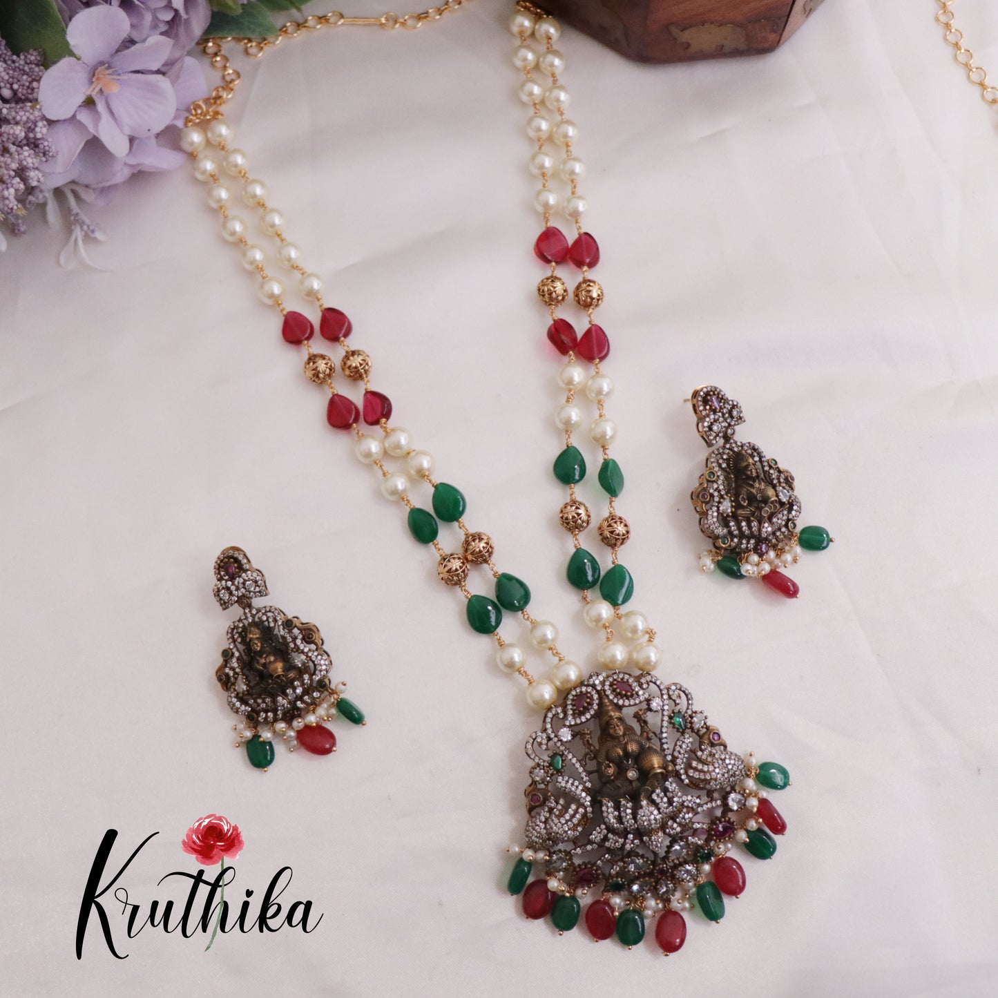 Trendy Temple Lakshmi Pearl Long Haaram with Beads Drops LH1978
