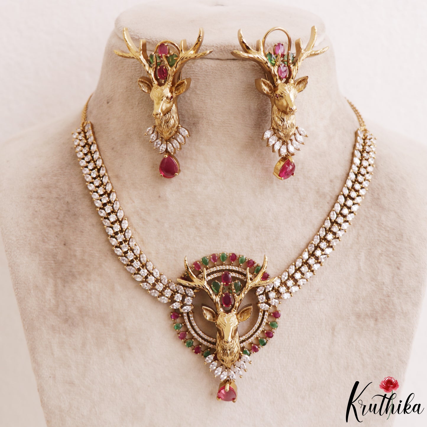 Stunning Deer Motifs CZ Victorian Necklace NC3151 (Available In 4 Colors)