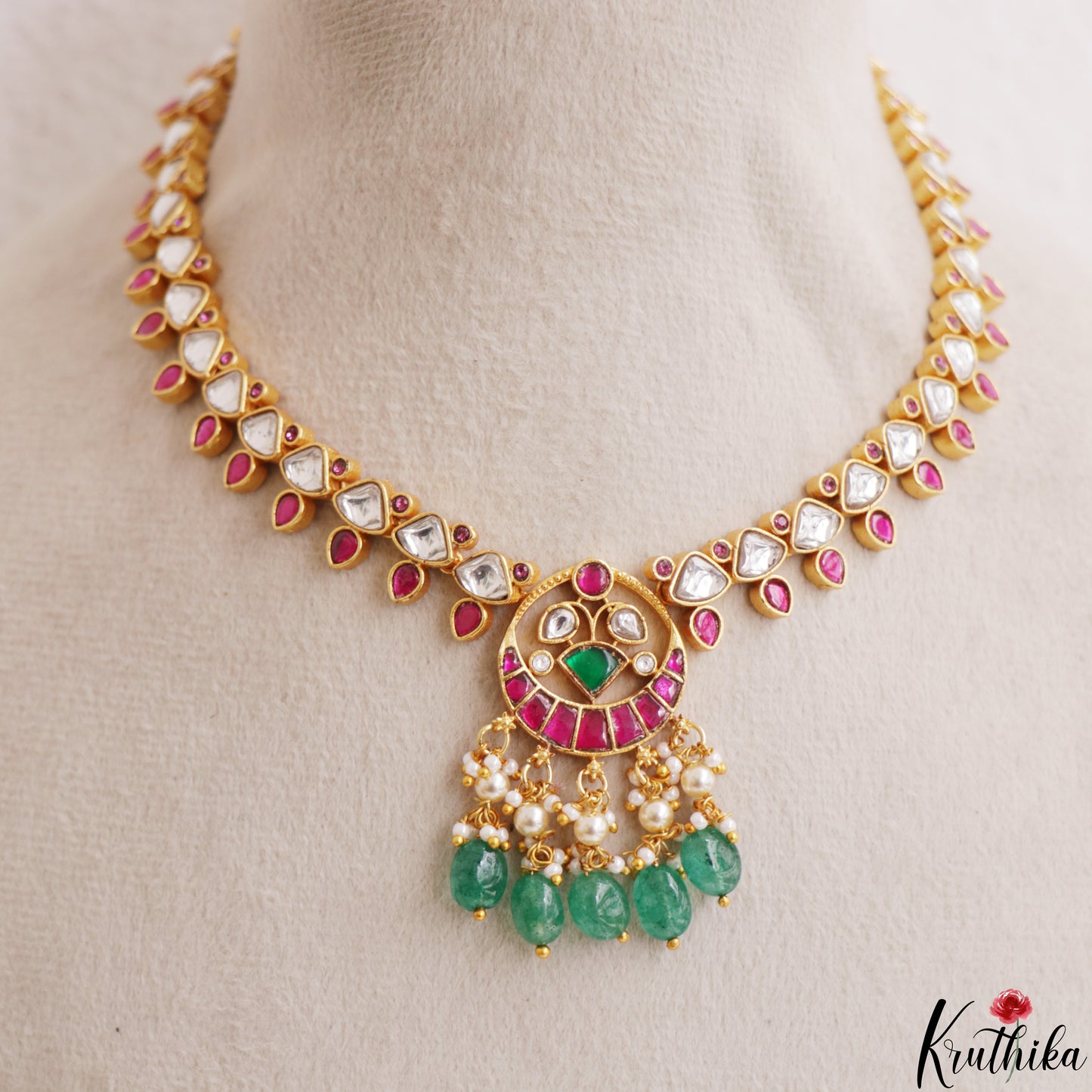 Classic Teardrop Motifs Polki Jadau Necklace With Green Bead Drops NC3198