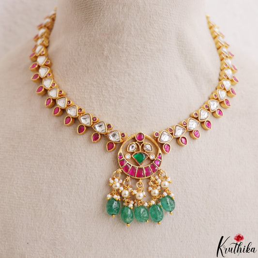 Classic Teardrop Motifs Polki Jadau Necklace With Green Bead Drops NC3198