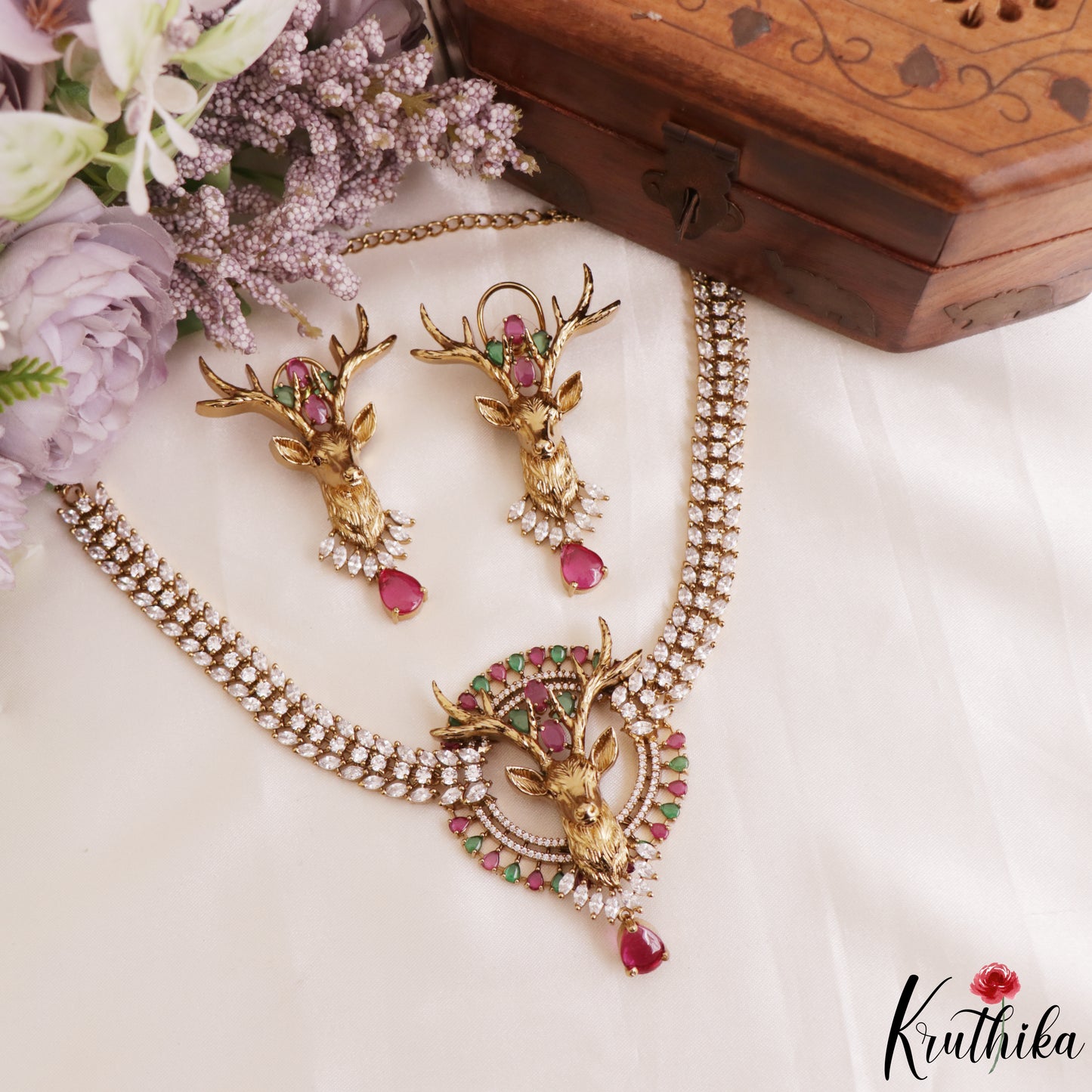 Stunning Deer Motifs CZ Victorian Necklace NC3151 (Available In 4 Colors)