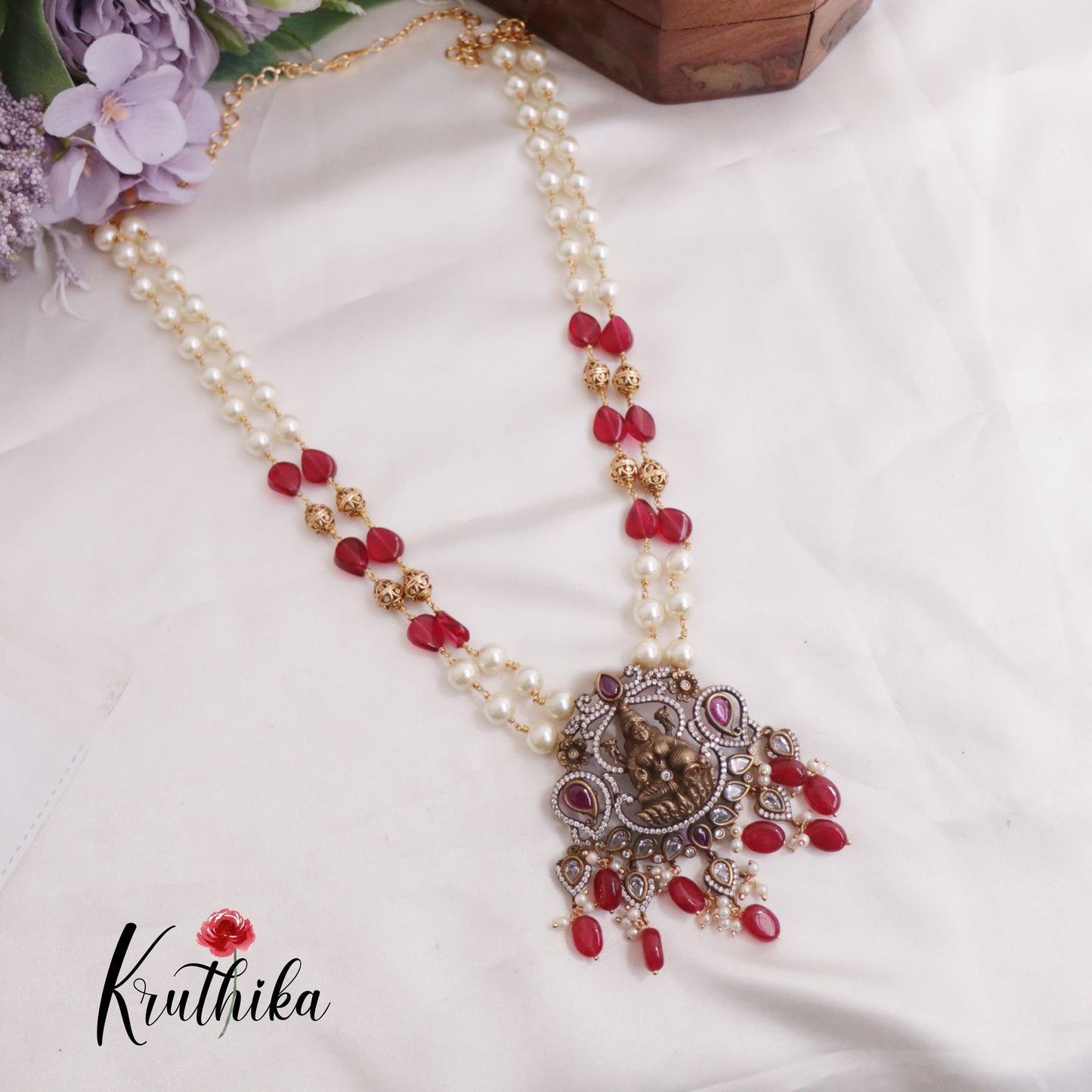 Trendy Temple Lakshmi Pearl Long Haaram with Beads Drops LH1978