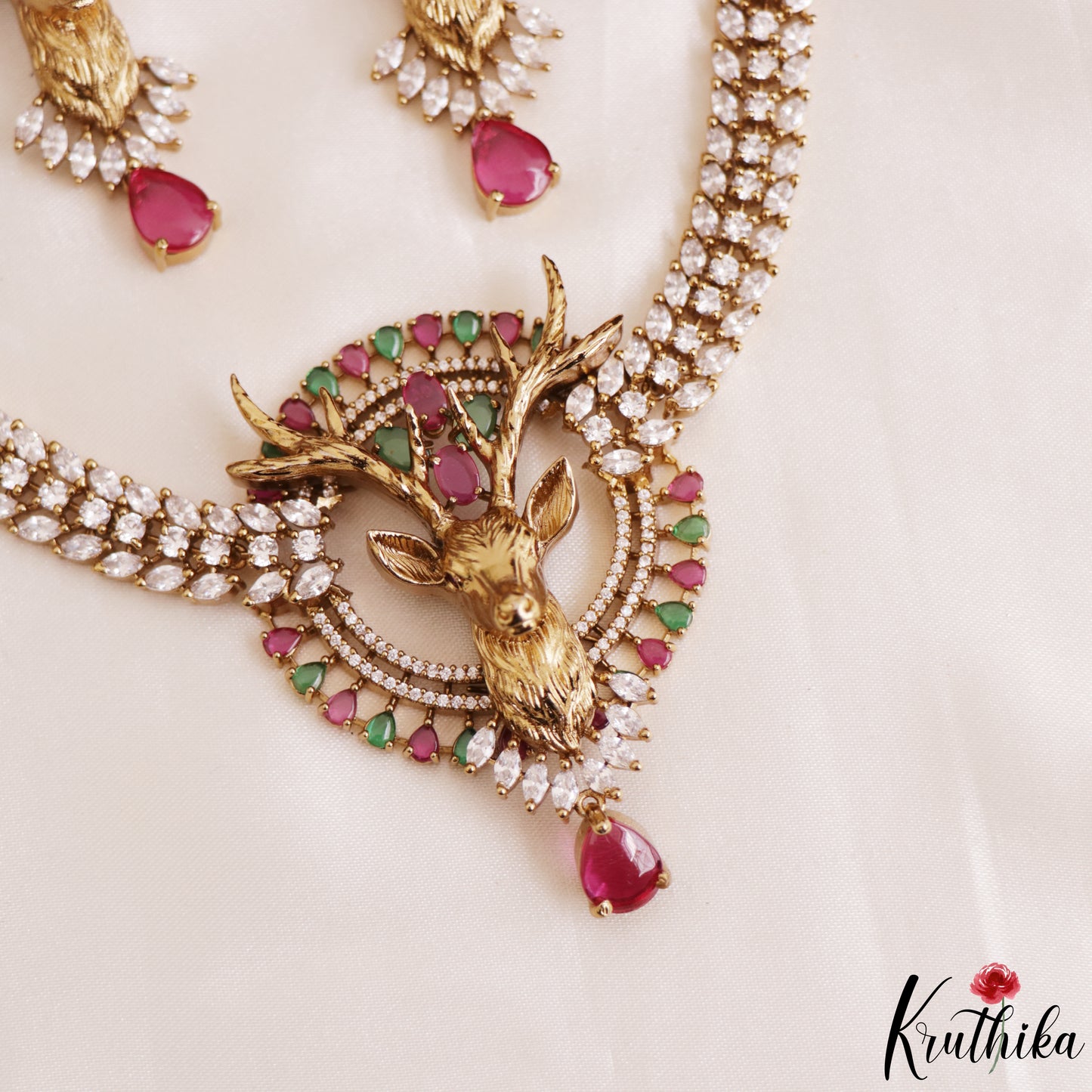 Stunning Deer Motifs CZ Victorian Necklace NC3151 (Available In 4 Colors)