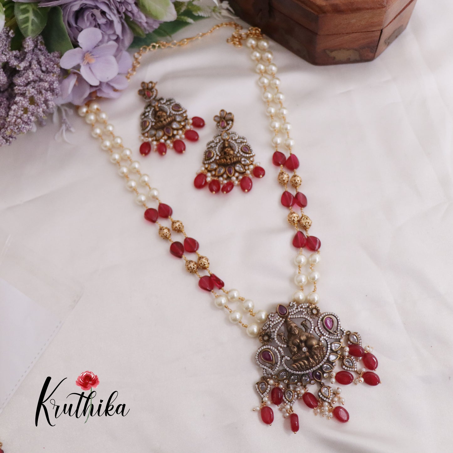 Trendy Temple Lakshmi Pearl Long Haaram with Beads Drops LH1978