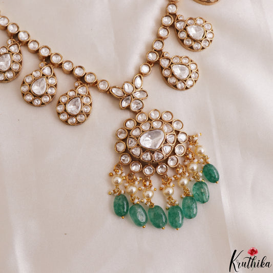 Gorgeous Mango Motifs Polki Necklace With Green Bead Drops NC3187