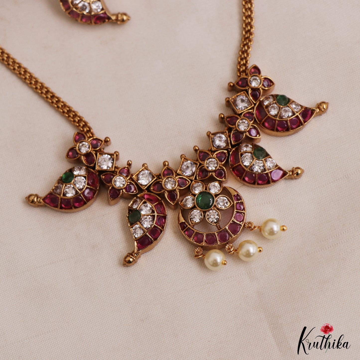 Classic Floral Mango Motifs Jadau Necklace With Pearl Drops NC3035