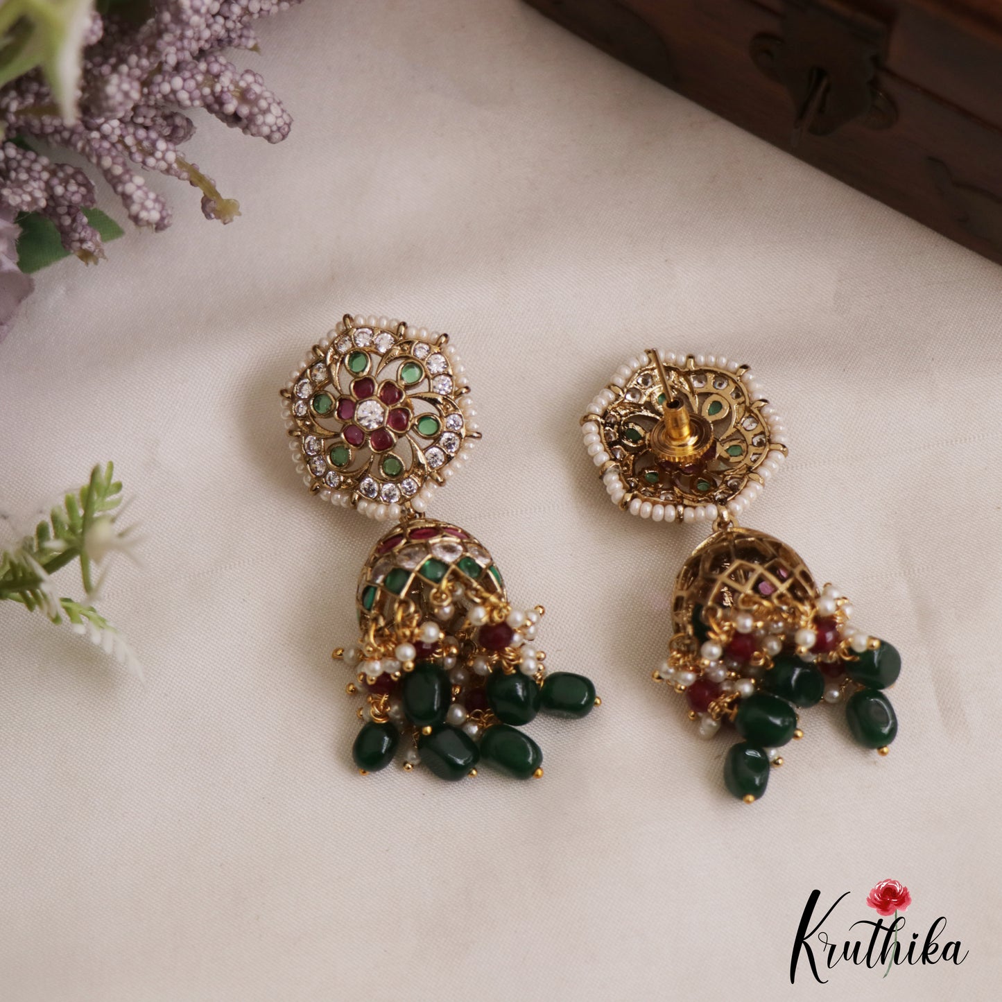 Pretty Floral Motifs Kemp Jhumkas With Green Bead Drops E1136