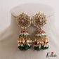 Pretty Floral Motifs Kemp Jhumkas With Green Bead Drops E1136