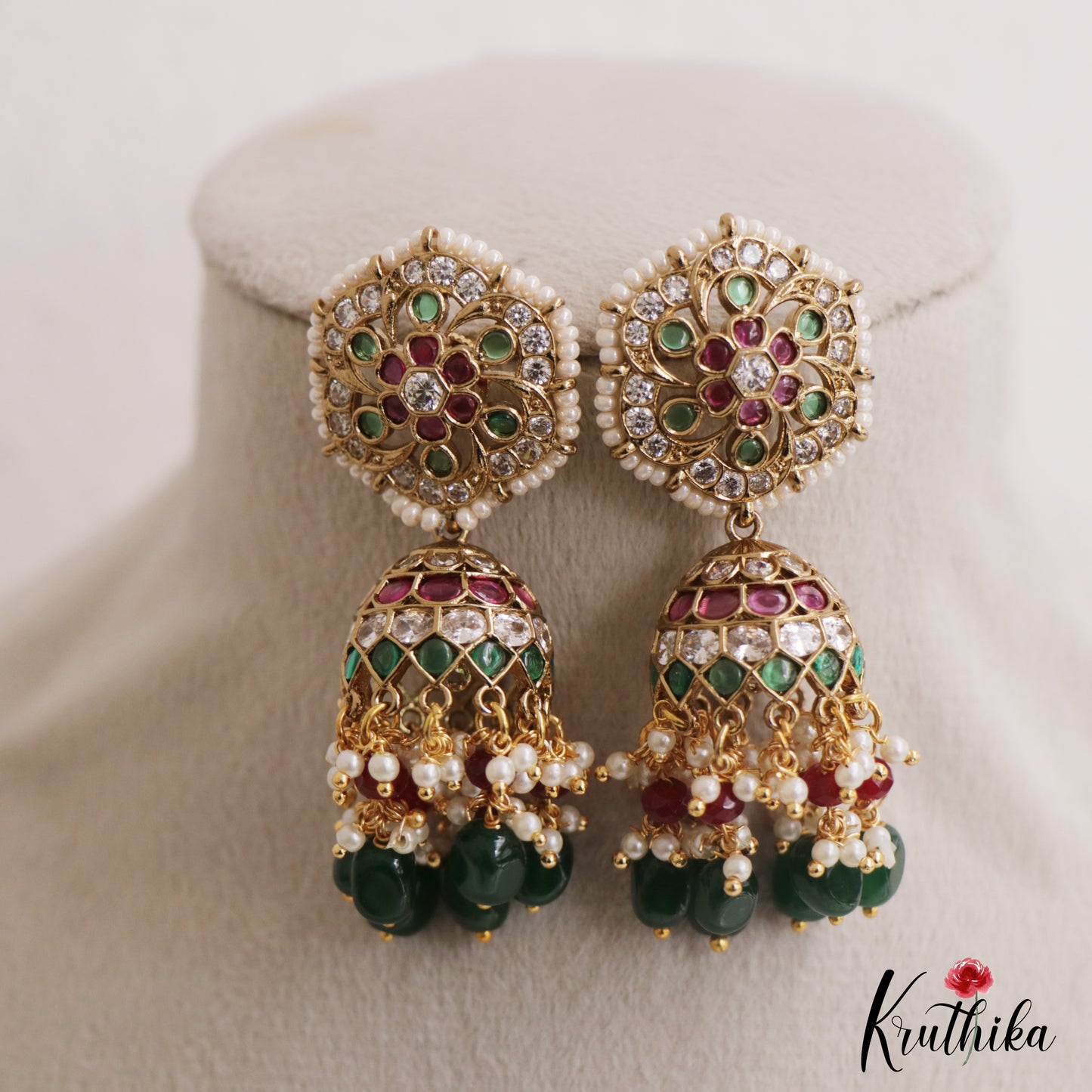 Pretty Floral Motifs Kemp Jhumkas With Green Bead Drops E1136