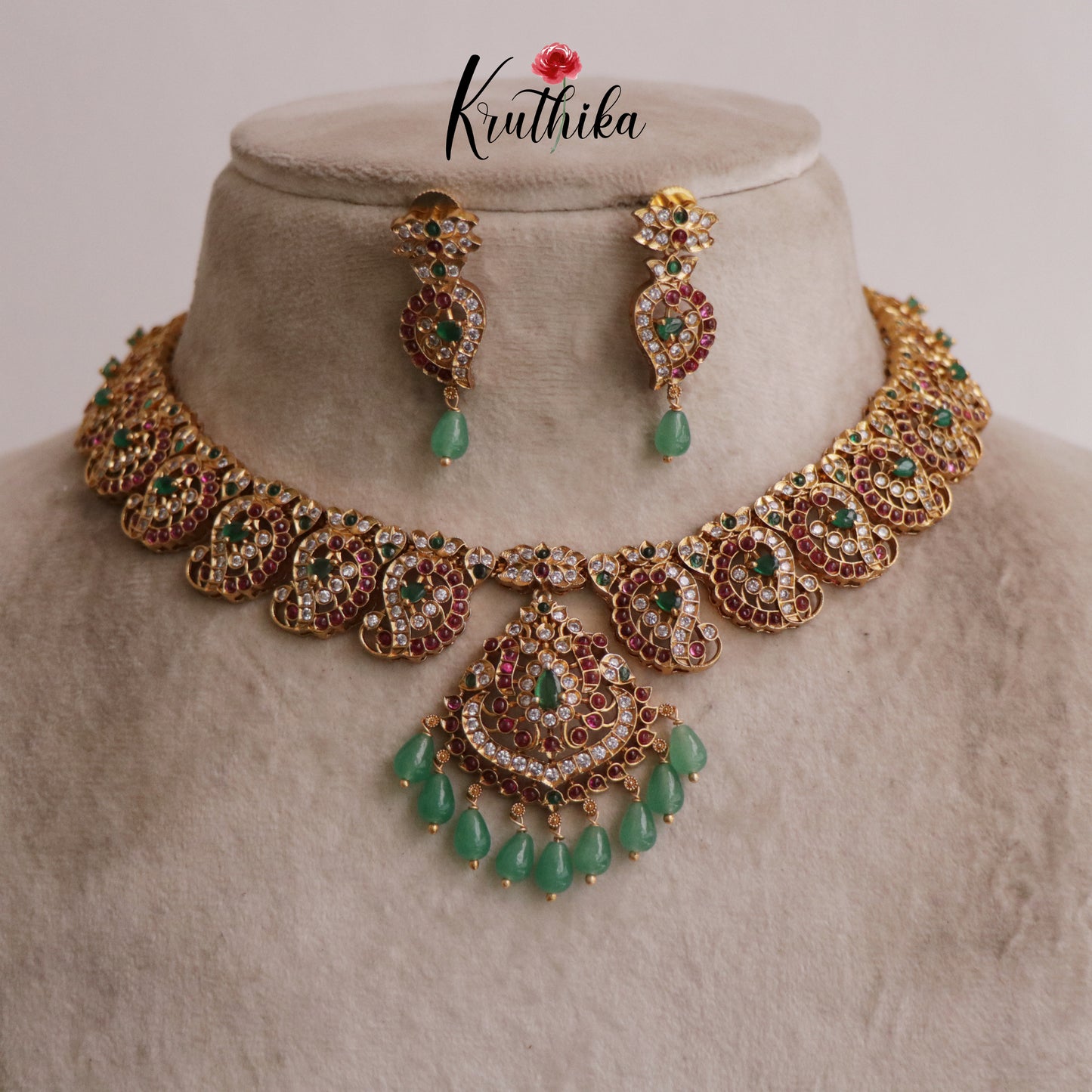 Premium AD Mango necklace with green Beads NC1920 [Available in 2 colours]