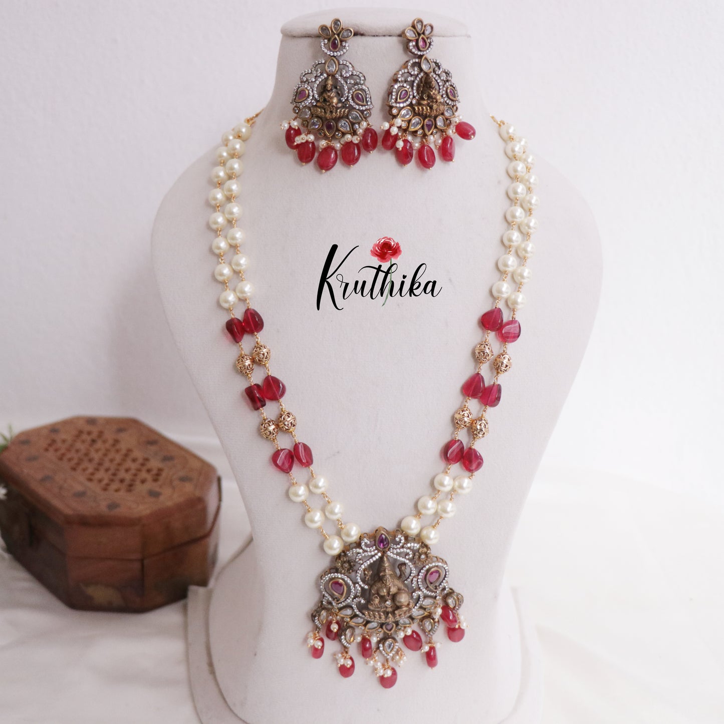 Trendy Temple Lakshmi Pearl Long Haaram with Beads Drops LH1978