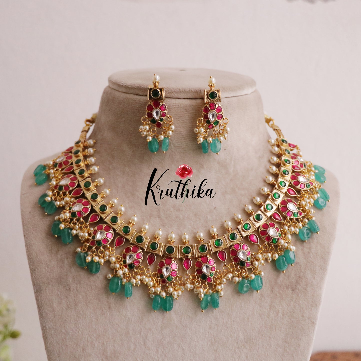 Royal Multi Stone Jadau Necklace with Pastel Green Beads Drops NC2042