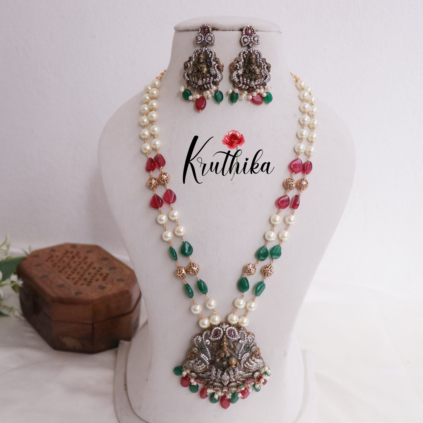 Trendy Temple Lakshmi Pearl Long Haaram with Beads Drops LH1978