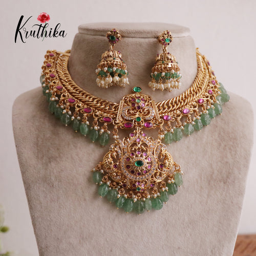 Grand Jadau peacock Jalebi style Necklace with Mint Beads NC2044