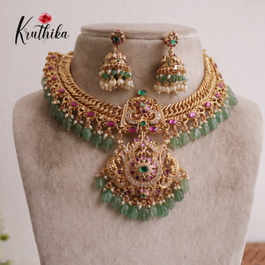 Grand Jadau peacock Jalebi style Necklace with Mint Beads NC2044