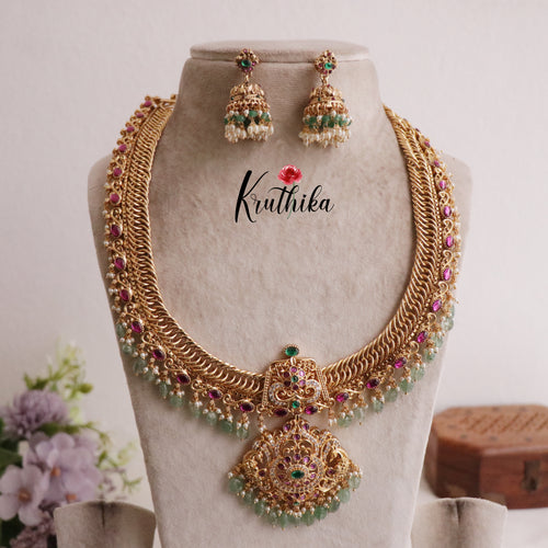 Grand Jadau Peacock Jalebi style Haaram with Mint Beads LH1899