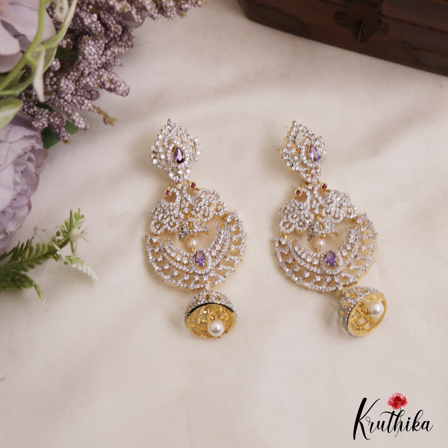 Stunning Peacock Motifs AD Victorian Chandbali Jhumka Earrings With Pearl Drop E1132 (Available In 3 Colors)