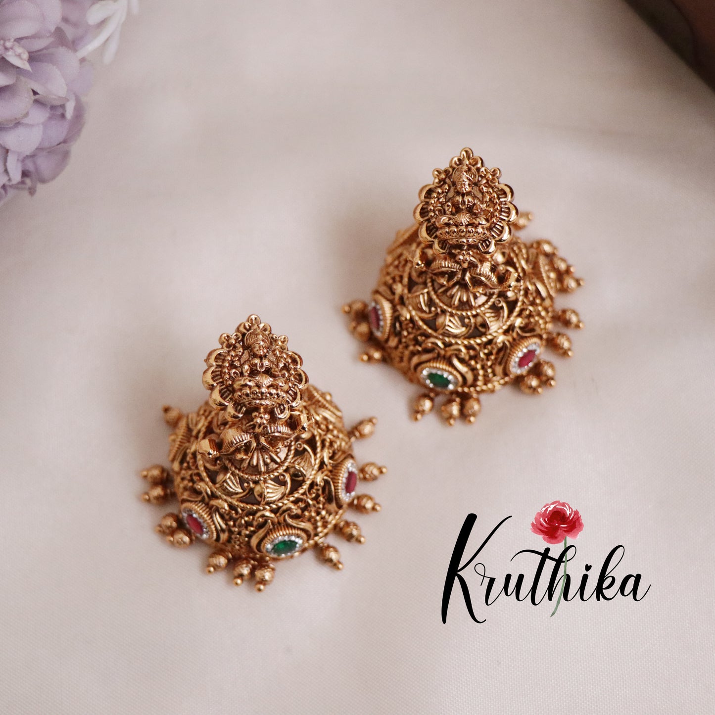Beautiful Temple Lakshmi Design Jhumkas E427 (Available in 3 Colours)