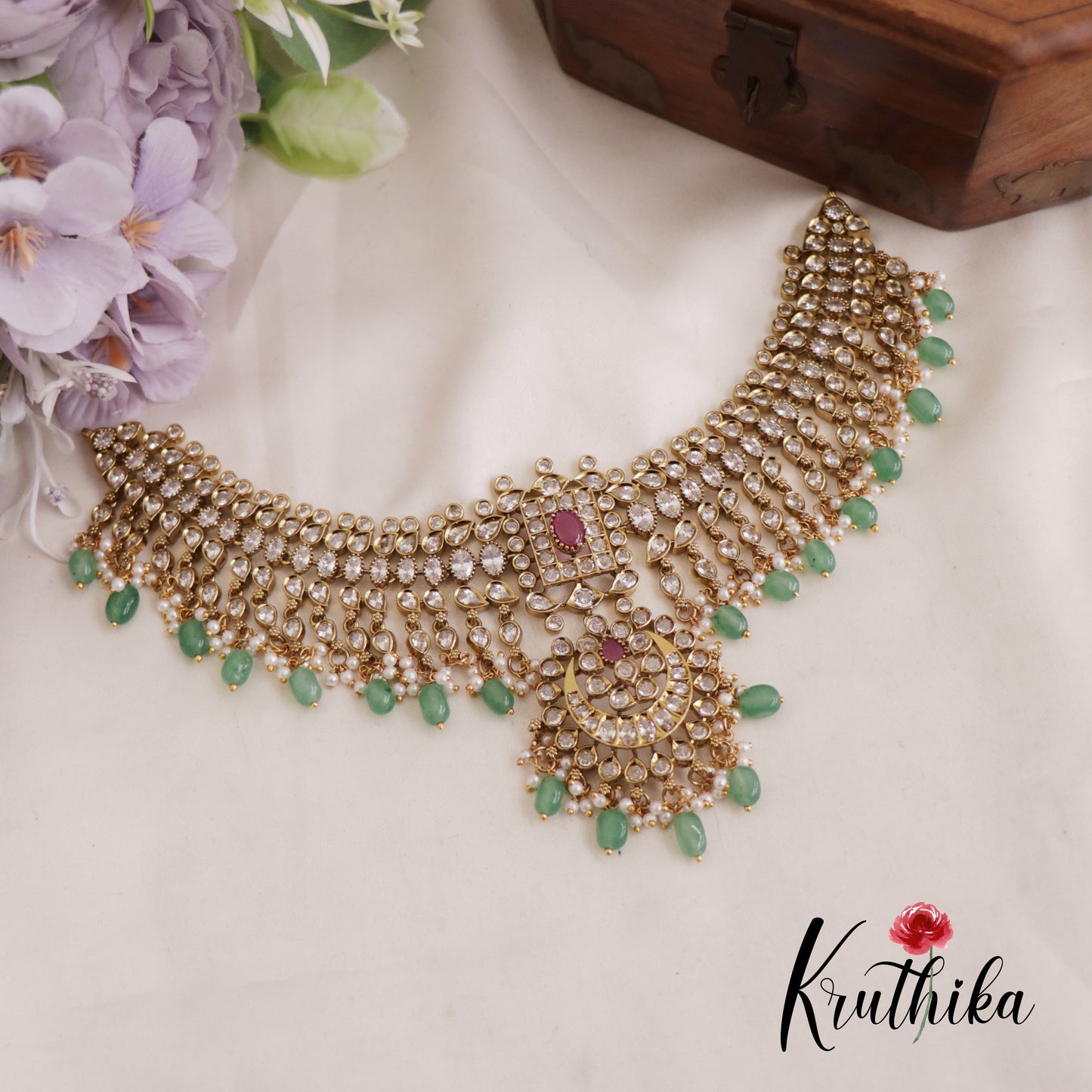 Stunning CZ Teardrop Choker With Pearl And Bead Drops NC2602 (Available In 2 Colors)