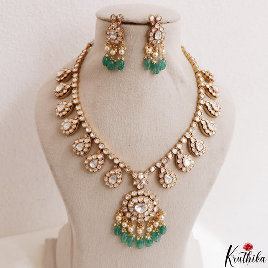 Gorgeous Mango Motifs Polki Necklace With Green Bead Drops NC3187