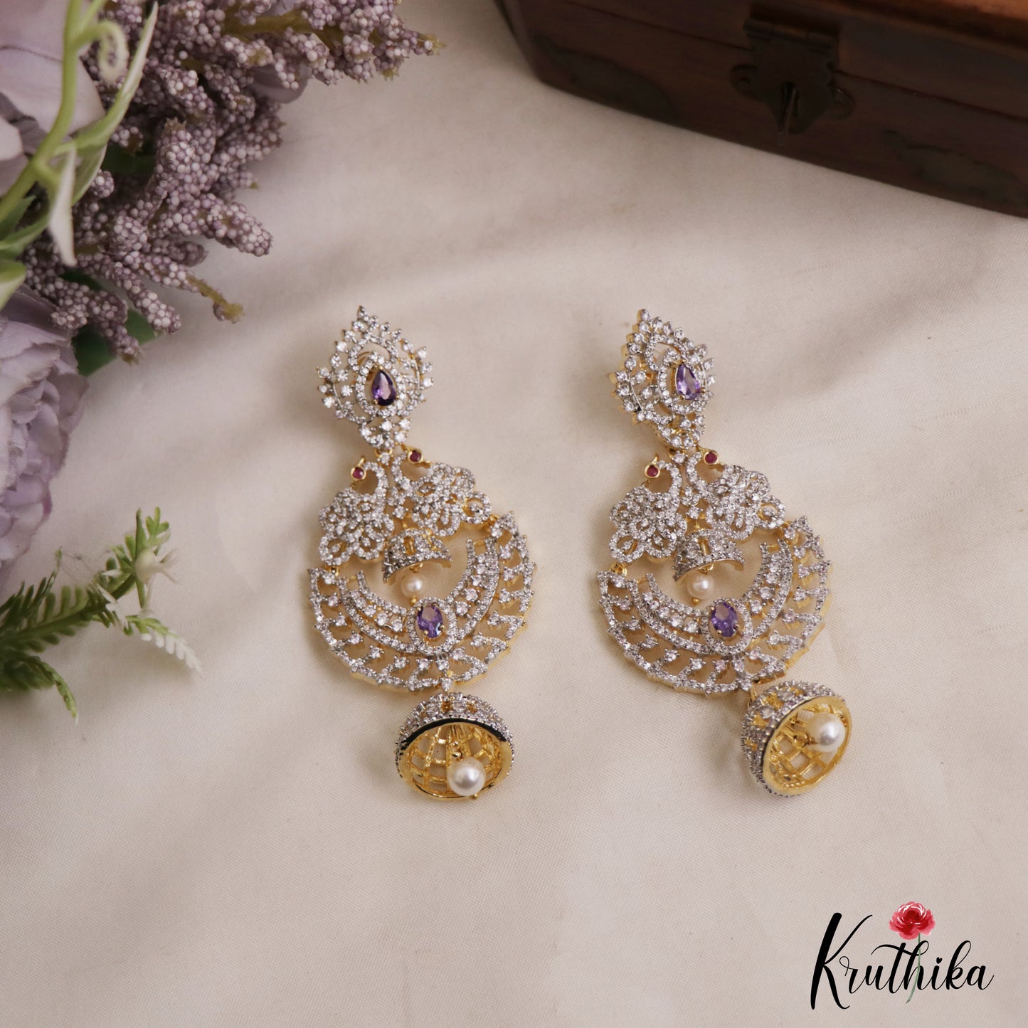 Stunning Peacock Motifs AD Victorian Chandbali Jhumka Earrings With Pearl Drop E1132 (Available In 3 Colors)