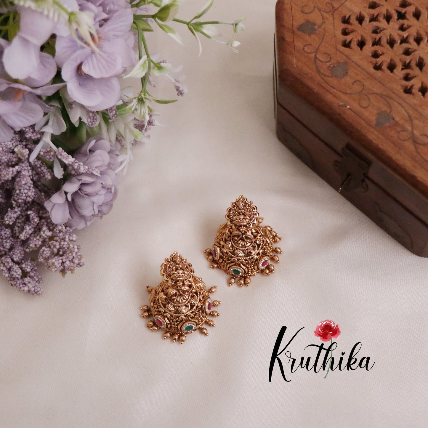 Beautiful Temple Lakshmi Design Jhumkas E427 (Available in 3 Colours)