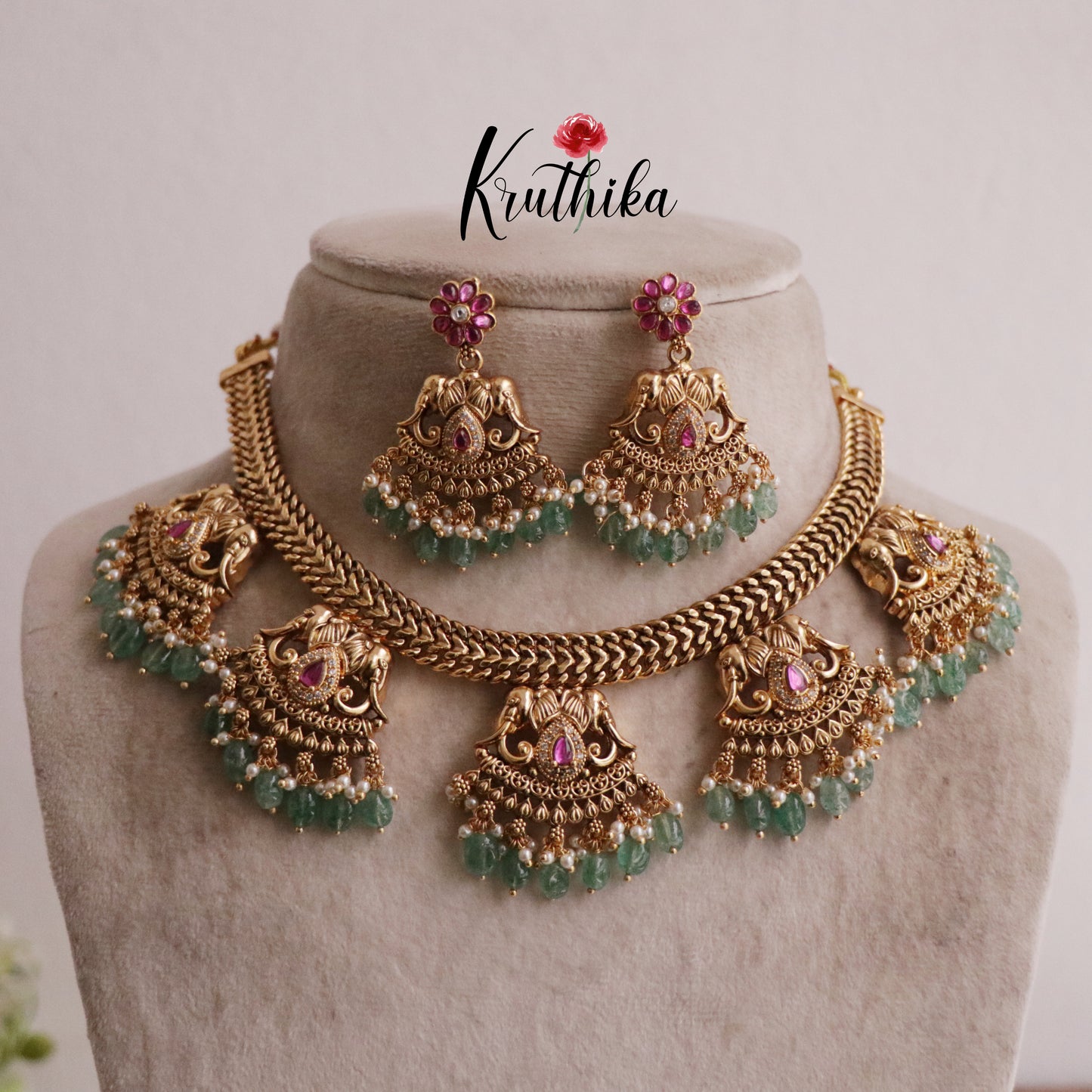 Beautiful Jadau Elephant Design Necklace with Pastel Green Beads NC2045