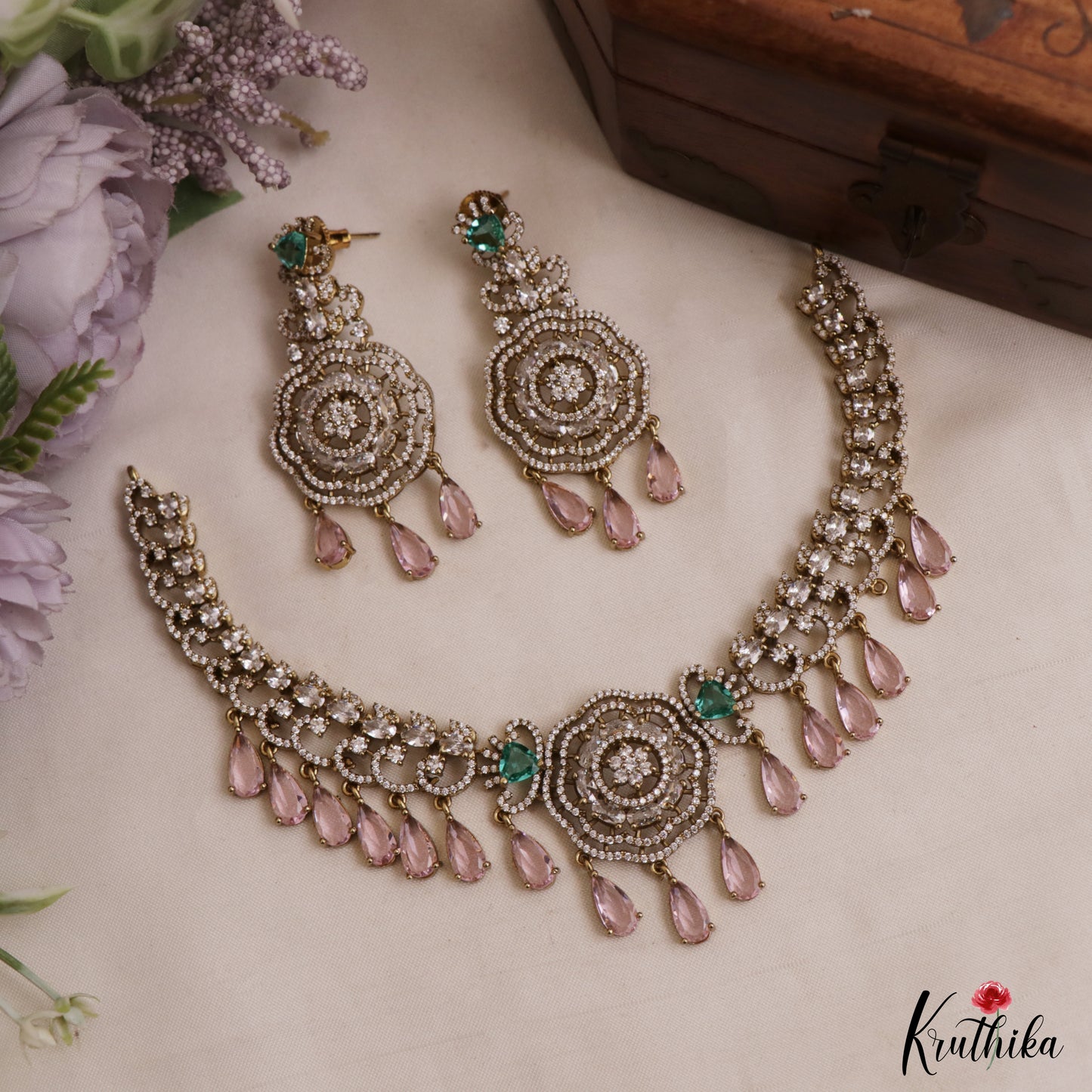 Sparkling Floral Teardrop Motifs CZ Victorian Choker NC3037