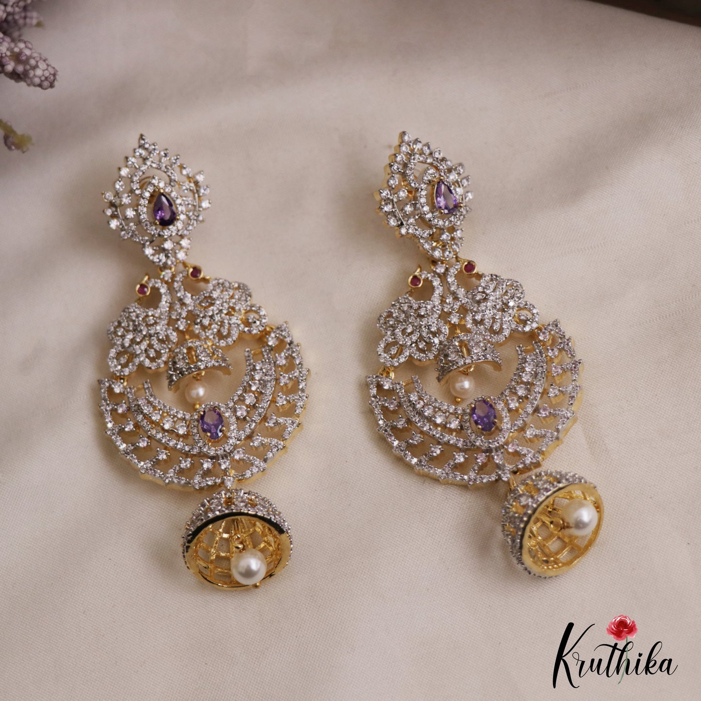 Stunning Peacock Motifs AD Victorian Chandbali Jhumka Earrings With Pearl Drop E1132 (Available In 3 Colors)