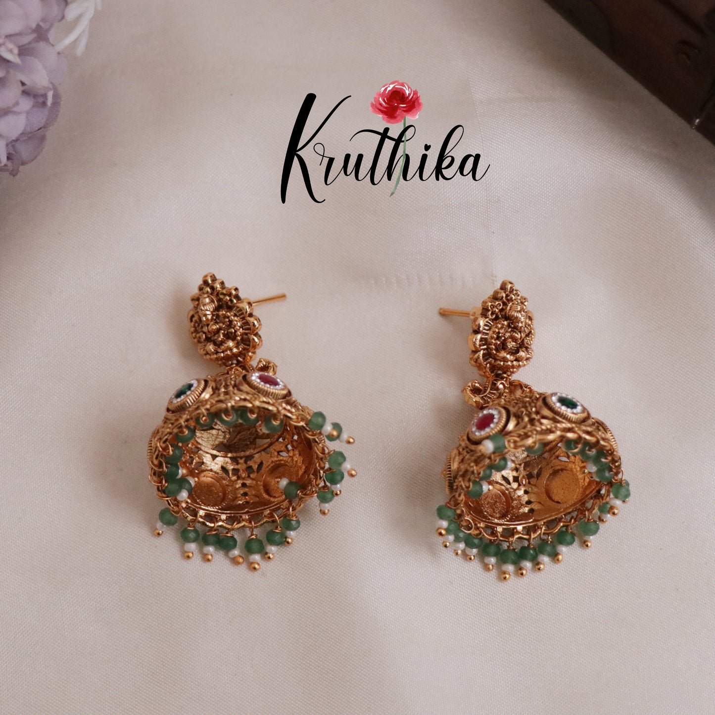 Beautiful Temple Lakshmi Design Jhumkas E427 (Available in 3 Colours)