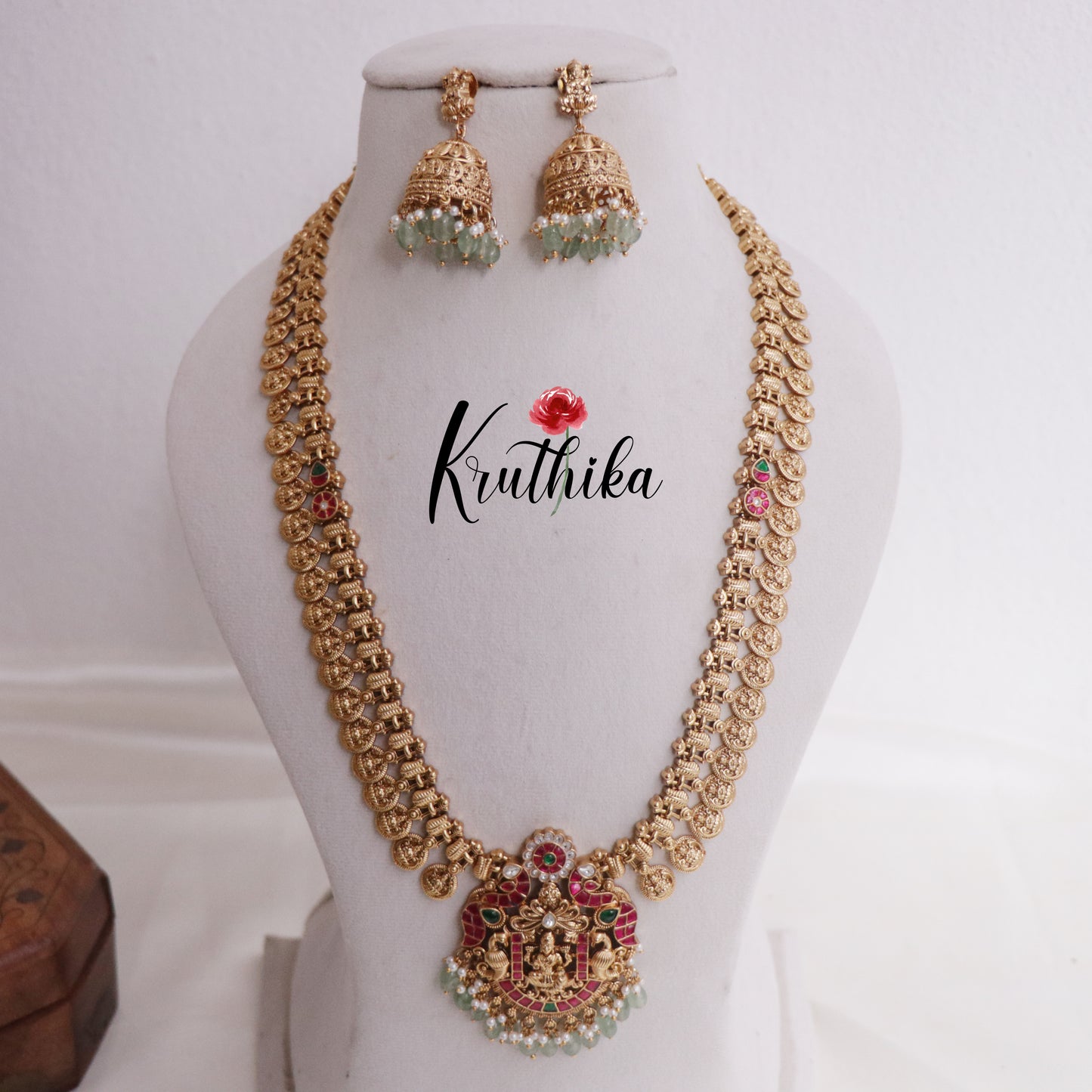 Beautiful Temple Lakshmi Jadau Kasu Haaram with Pastel Green Beads Drops LH1673 (Available in 2 Colours)
